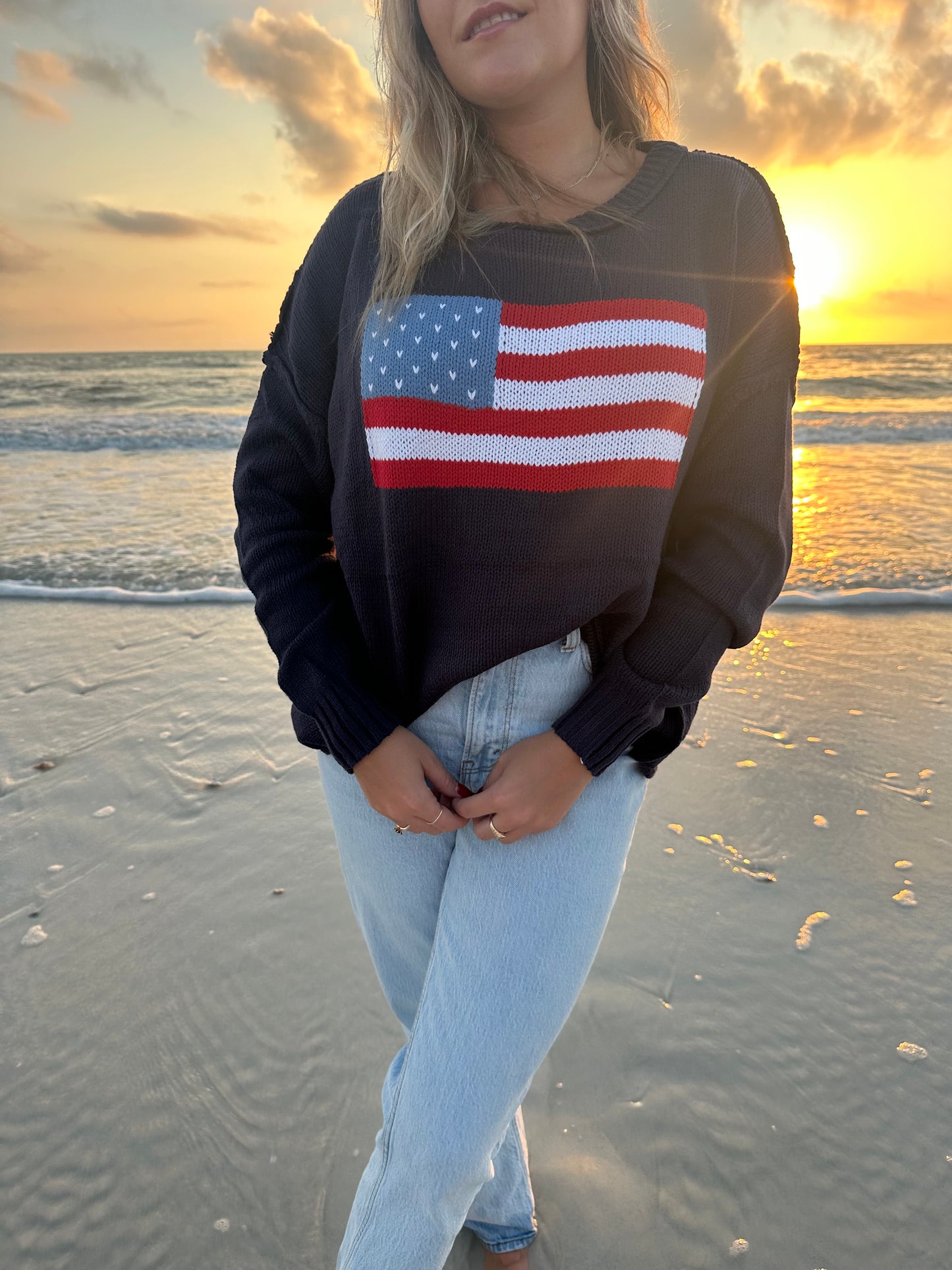 Oversized American Flag Navy Sweater